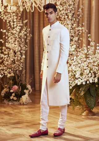 Bindani By Jigar And Nikita-White Textured Floral Shewani-INDIASPOPUP.COM
