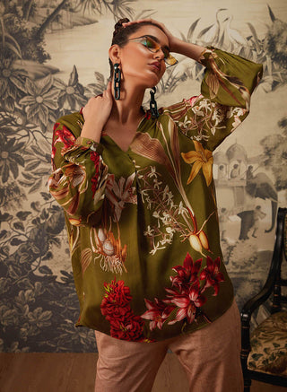 Kalista-Olive Green Printed Tunic And Pant-INDIASPOPUP.COM