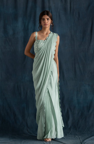 Lavanya Ahuja-Mint Scallop Detail Pre-Stitched Saree-INDIASPOPUP.COM