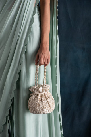 Lavanya Ahuja-Ivory Hand Embroidered Drawstring Bag-INDIASPOPUP.COM