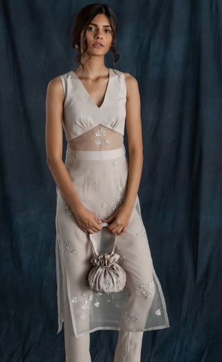 Lavanya Ahuja-Grey Hand Embroidered Satin Drawstring Bag-INDIASPOPUP.COM