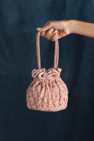 Lavanya Ahuja-Blush Lace Hand Embroidered Drawstring Bag-INDIASPOPUP.COM