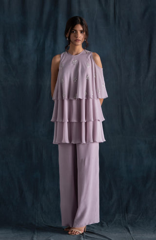 Lavanya Ahuja-Lilac Layered Cold Shoulder Tunic & Pants Set-INDIASPOPUP.COM