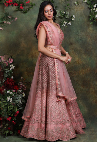 Archana Kochhar-Salmon Pink Embroidered Lehenga Set-INDIASPOPUP.COM
