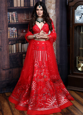 Archana Kochhar-Red Mirror Work Lehenga Set-INDIASPOPUP.COM