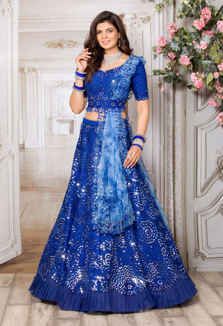 Archana Kochhar-Blue Mirror Work Lehenga Set-INDIASPOPUP.COM