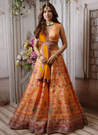 Archana Kochhar-Light Orange Printed Lehenga Set-INDIASPOPUP.COM