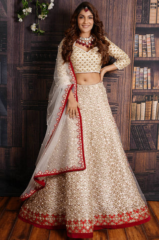 Archana Kochhar-Ivory And Red Pearl Lehenga Set-INDIASPOPUP.COM