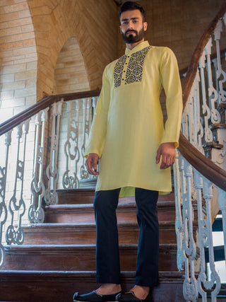 Arjun Kilachand-Lemon Yellow Overlap Collar Kurta-INDIASPOPUP.COM