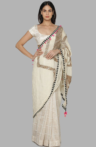 House Of Masaba-Ivory Crinkle Sari With Unstitched Blouse-INDIASPOPUP.COM