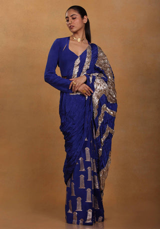 House Of Masaba-Blue Crinkle Sari With Unstitched Blouse-INDIASPOPUP.COM