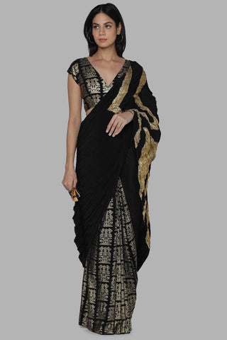 House Of Masaba-Black Crinkle Sari With Unstitched Blouse-INDIASPOPUP.COM