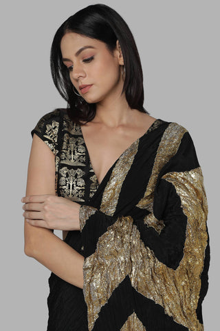 House Of Masaba-Black Crinkle Sari With Unstitched Blouse-INDIASPOPUP.COM