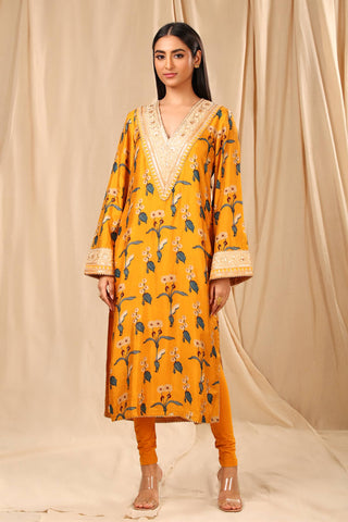 House Of Masaba-Mustard Spring Blossom Kurta With Legging-INDIASPOPUP.COM