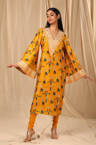 House Of Masaba-Mustard Spring Blossom Kurta With Legging-INDIASPOPUP.COM