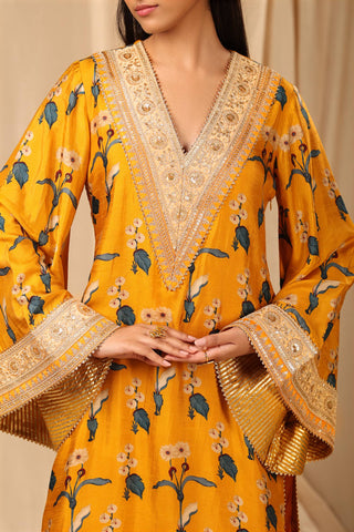 House Of Masaba-Mustard Spring Blossom Kurta With Legging-INDIASPOPUP.COM