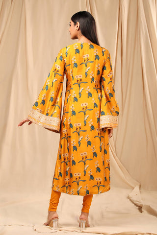 House Of Masaba-Mustard Spring Blossom Kurta With Legging-INDIASPOPUP.COM
