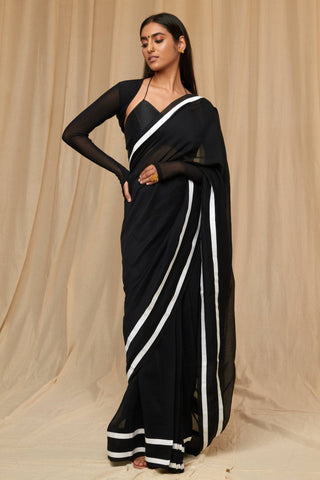 House Of Masaba-Black Chaand Sari With Unstitched Blouse-INDIASPOPUP.COM