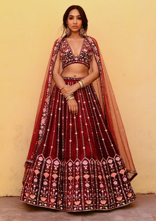Chamee And Palak-Maya Red Embroidered Lehenga Set-INDIASPOPUP.COM