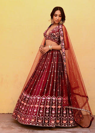 Chamee And Palak-Maya Red Embroidered Lehenga Set-INDIASPOPUP.COM