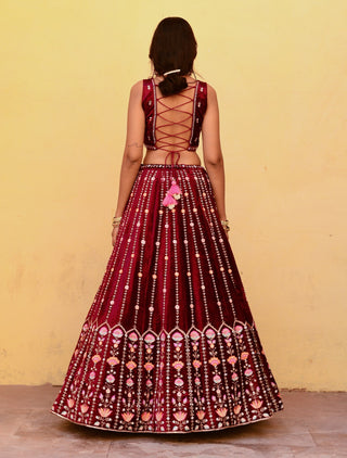 Chamee And Palak-Maya Red Embroidered Lehenga Set-INDIASPOPUP.COM