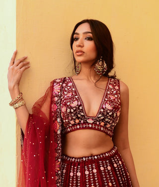 Chamee And Palak-Maya Red Embroidered Lehenga Set-INDIASPOPUP.COM