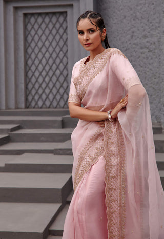 Jigar Mali-Blush Pink Saree With Blouse-INDIASPOPUP.COM