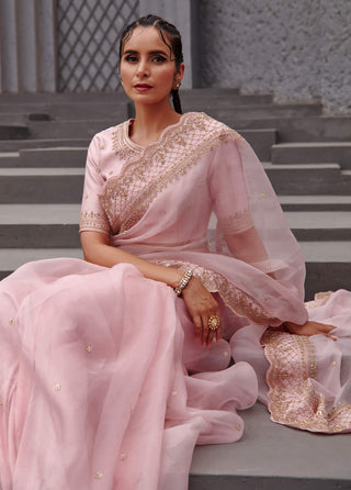 Jigar Mali-Blush Pink Saree With Blouse-INDIASPOPUP.COM