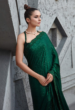 Jigar Mali-Forest Green Cocktail Saree With Blouse-INDIASPOPUP.COM