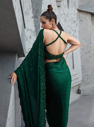 Jigar Mali-Forest Green Cocktail Saree With Blouse-INDIASPOPUP.COM