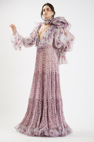 Nidhi Yasha-Pink Maxi Dress With Scarf-INDIASPOPUP.COM