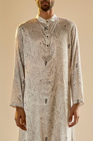 Saksham & Neharicka-Ivory Printed Satin Kurta-INDIASPOPUP.COM