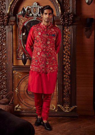 Kalista Men-Mazhar Red Bundi Kurta Set-INDIASPOPUP.COM