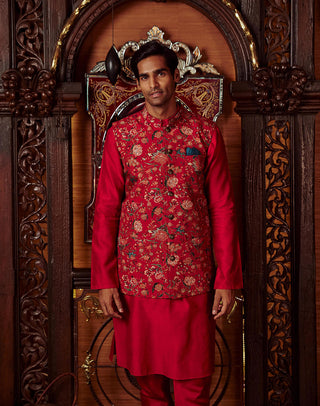 Kalista Men-Mazhar Red Bundi Kurta Set-INDIASPOPUP.COM