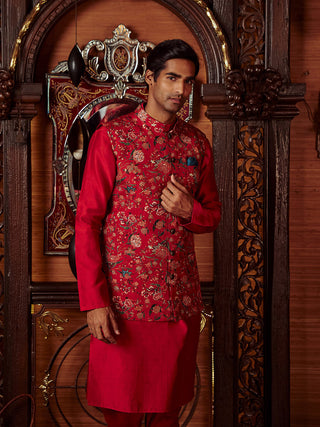 Kalista Men-Mazhar Red Bundi Kurta Set-INDIASPOPUP.COM