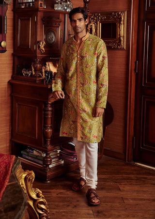 Kalista Men-Nisarg Olive Green Kurta And Pant-INDIASPOPUP.COM