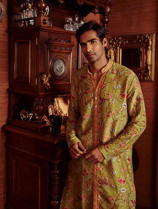 Kalista Men-Nisarg Olive Green Kurta And Pant-INDIASPOPUP.COM