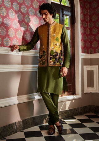 Kalista Men-Tahir Green Mustard Bundi Kurta Set-INDIASPOPUP.COM