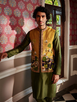 Kalista Men-Tahir Green Mustard Bundi Kurta Set-INDIASPOPUP.COM