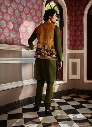 Kalista Men-Tahir Green Mustard Bundi Kurta Set-INDIASPOPUP.COM