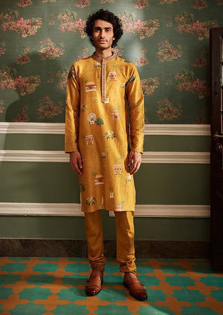 Kalista Men-Ahren Mustard Kurta With Churidar-INDIASPOPUP.COM