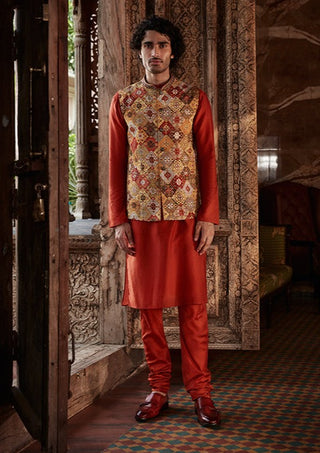 Kalista Men-Reyaan Red Bundi Kurta Set-INDIASPOPUP.COM