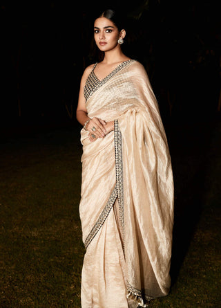 Matsya-Beige Silk Timeless Aurum Sari With Blouse-INDIASPOPUP.COM