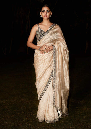 Matsya-Beige Silk Timeless Aurum Sari With Blouse-INDIASPOPUP.COM
