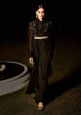 Matsya-Black Pre-Draped Sari With Blouse-INDIASPOPUP.COM