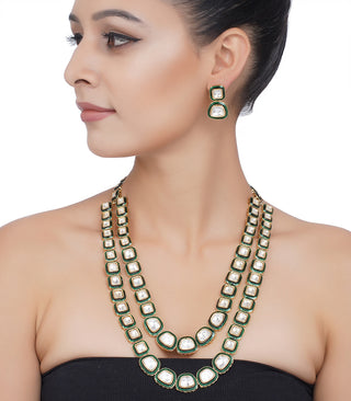 Preeti Mohan-Gold Plated Two Line Green Polki Necklace Set-INDIASPOPUP.COM