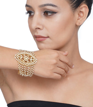 Preeti Mohan-Gold Plated White Kundan Bracelets With Pearl-INDIASPOPUP.COM