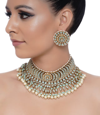 Preeti Mohan-Gold Mint Kundan Choker Necklace Set-INDIASPOPUP.COM