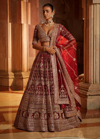 Nitika Gujral-Maroon Raw Silk Lehenga Set-INDIASPOPUP.COM