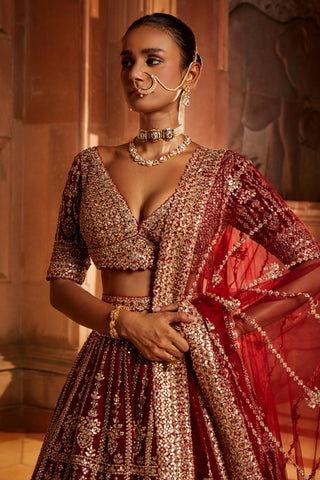 Nitika Gujral-Maroon Raw Silk Lehenga Set-INDIASPOPUP.COM